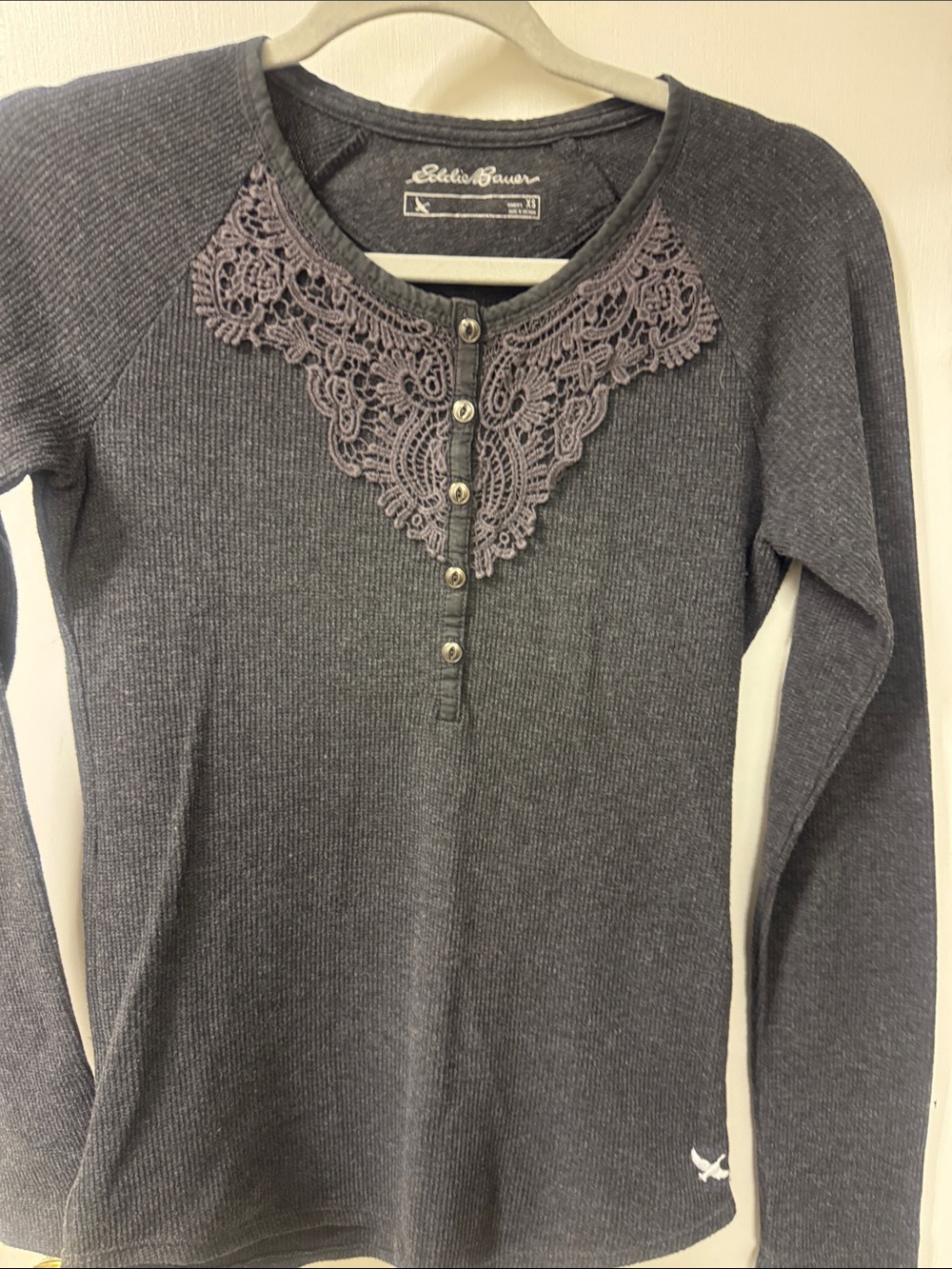 Eddie Bauer Dark Gray Lace-Trim Henley Long Sleeve Top
